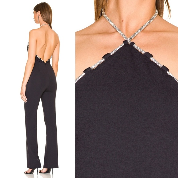 LOVERS + FRIENDS | Black Chloe Jumpsuit with Crystal Embellished Halter Neckline - Picture 2 of 15